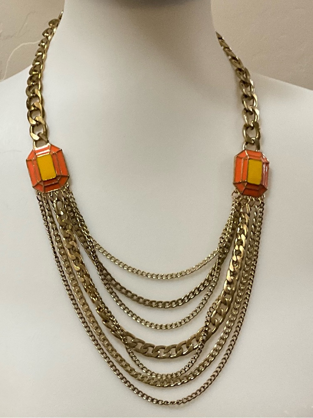Vintage Gold Tone Multi Chain Necklace Orange Yellow Enamel Art Deco Style